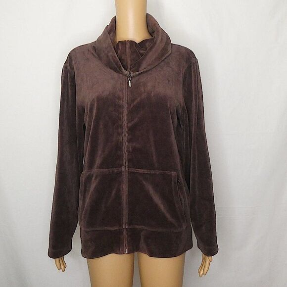 Joan Vass Zipper Cowl Neck Brown Sweater Full Zip Velvet Velour - Picture 1 of 11